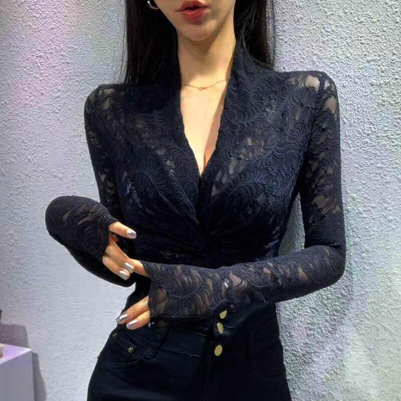 Baichao Sexy V-neck Lace Shirt Women's Long Sleeve 2020 Spring Shirt New Korean Style Slim Fit Western Style Bottoming Shirt Top Black S Recommended for a slim fit of 70-80 pounds