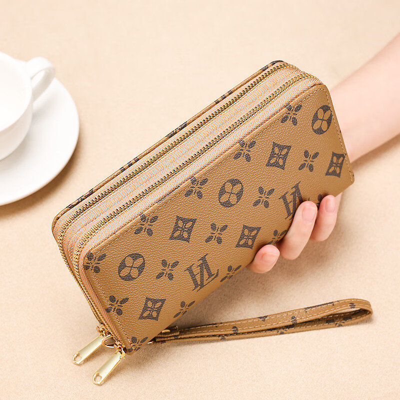 Jiapinyou Wallet Women's Long Style 2024 Hot Style Printed Large Capacity Temperament Double Zipper Women's Wallet Wallet Clutch Letter Style Coffee Color