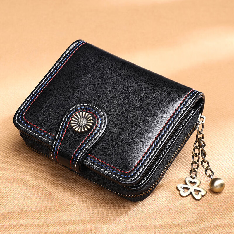 Viney cowhide short wallet women's folding zipper wallet multiple card slots large capacity student coin purse simple leather wallet card bag black multi-functional fashion Korean retro