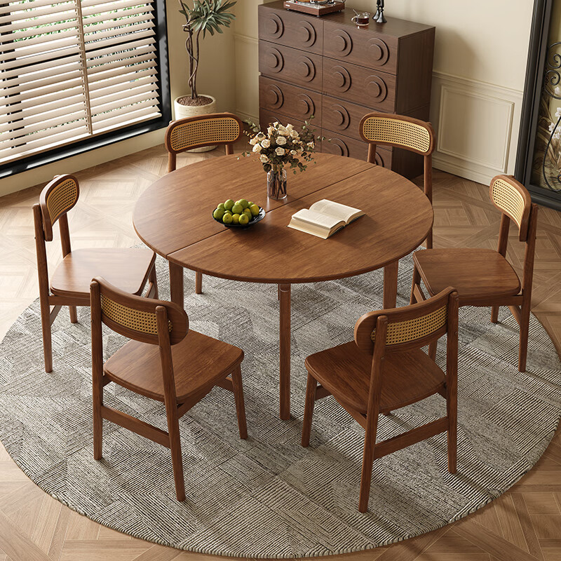 Harmony Dujiang mid-century solid wood dining table retractable folding oval dining table small apartment home dining table and chair combination walnut color single dining table 1 meter retractable to 1.3 meters