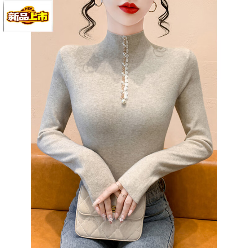 Early diameter studded semi-turtle collar long-sleeved knitted bottoming shirt for women, autumn and winter 2025 new style, slim-fitting inner top, fashionable oatmeal color S