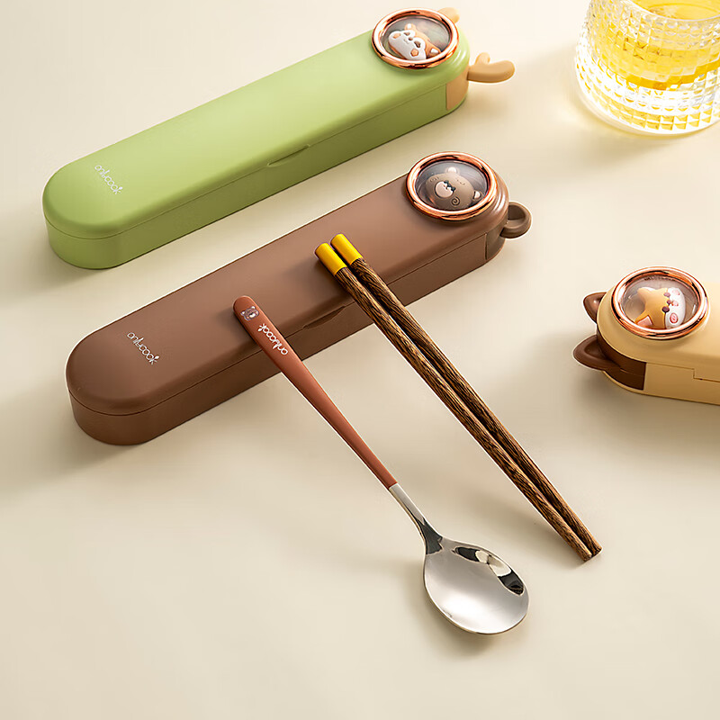 Onlycook cute cartoon portable tableware new 304 stainless steel chopsticks and spoon set chopsticks and spoon storage box wooden chopsticks stainless steel spoon 2-piece set yellow puppy