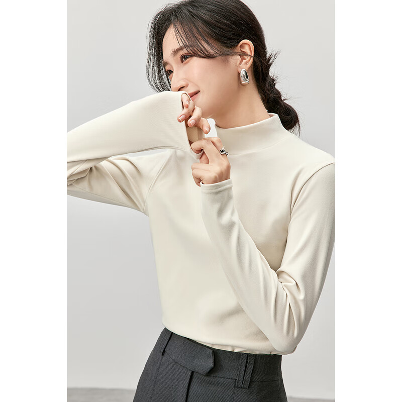 Shandubila's 24th winter new product warm coconut velvet semi-high stand-up collar bottoming shirt brushed T-shirt women's autumn and winter new inner top Milk Tea Apricot L