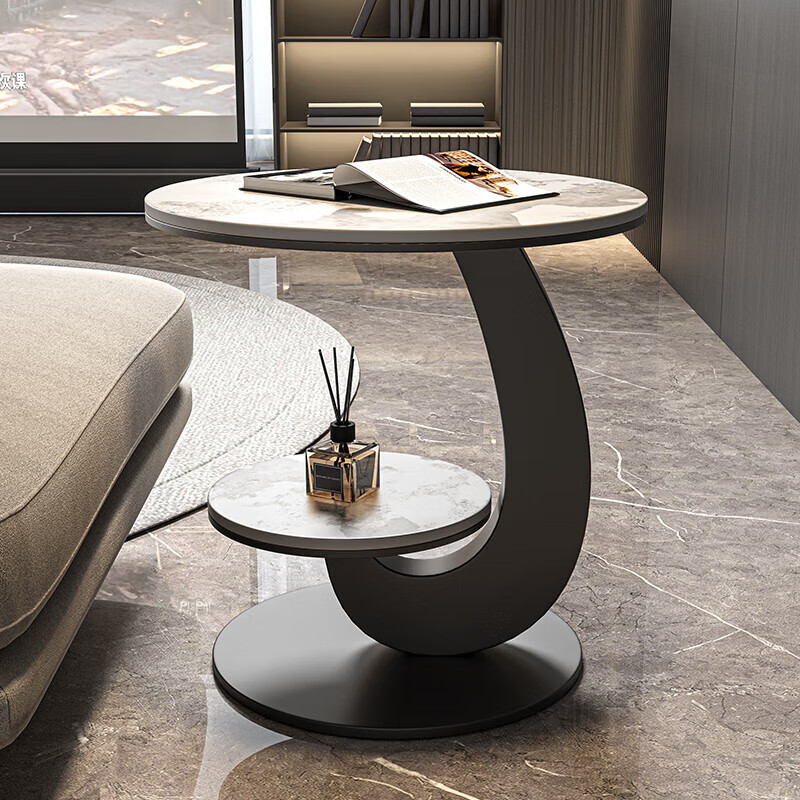 Linjie modern minimalist side table living room mobile mini coffee table round side table slate sofa next to small table high-end silver frame glossy fish belly white (50*50)