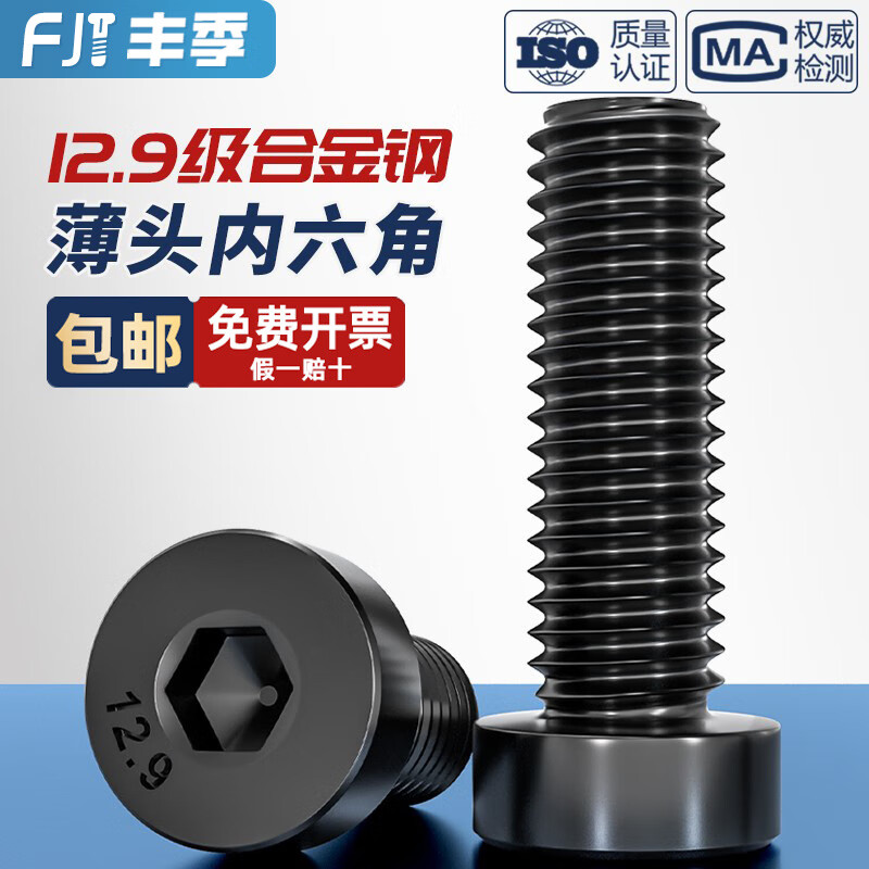 Fengji Grade 12.9 High Strength Thin Head Hexagon Screws Short Head Hexagon Bolts M4M5M6M8M10M12M14M16 M6*10 20 pcs Black