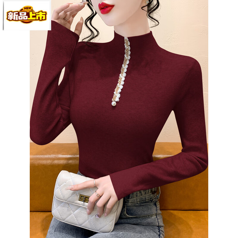 Early diameter studded semi-turtle collar long-sleeved knitted bottoming shirt for women, autumn and winter 2025 new style, slim-fitting inner top, fashionable oatmeal color S