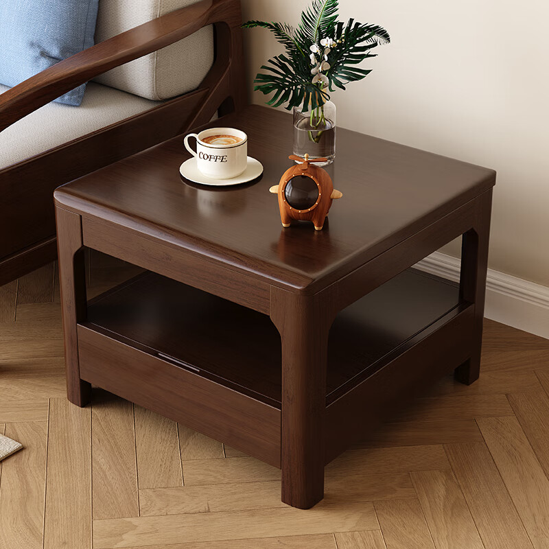 Nordic solid wood coffee table living room small apartment simple modern household oak square table double layer sofa corner table with drawers one drawer square table walnut color 60*60*45CM
