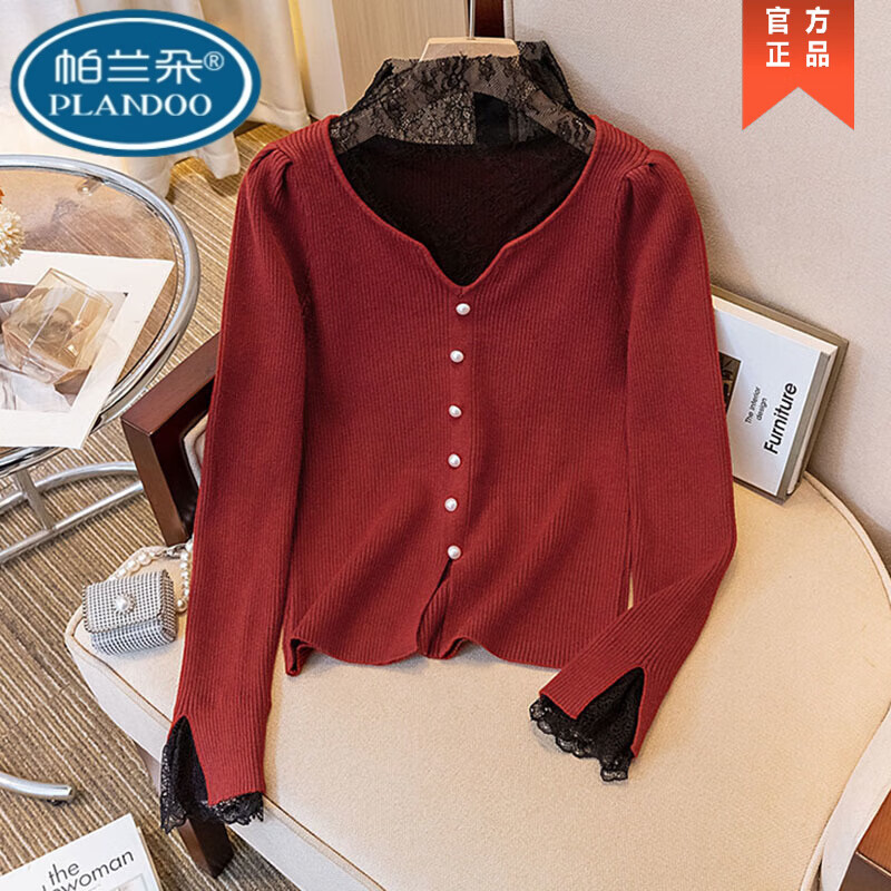 Palanduo Xiaoxiangfeng lace stitching long-sleeved bottoming shirt for women 2025 autumn and winter new style fake two-piece slimming tops white high quality L 105-120 pounds