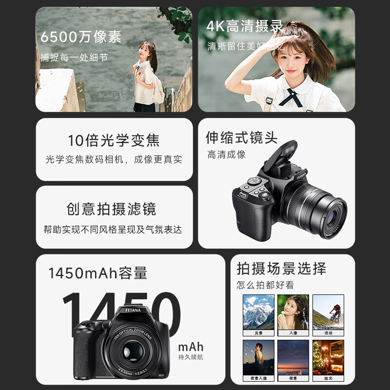 FETANA digital camera 4K high-definition SLR mirrorless student entry-level camera optical zoom CMOS high school student campus vlog camera for photography and travel can be uploaded to mobile phone official standard 65 million pixels丨4K high-definition video memory card 64G