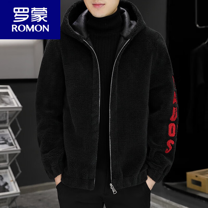 ROMON autumn and winter sheep sheared hooded woolen jacket plus velvet and thickened fur all-in-one men's embroidered cardigan jacket hooded gray 2XL (recommended 130-145 pounds)