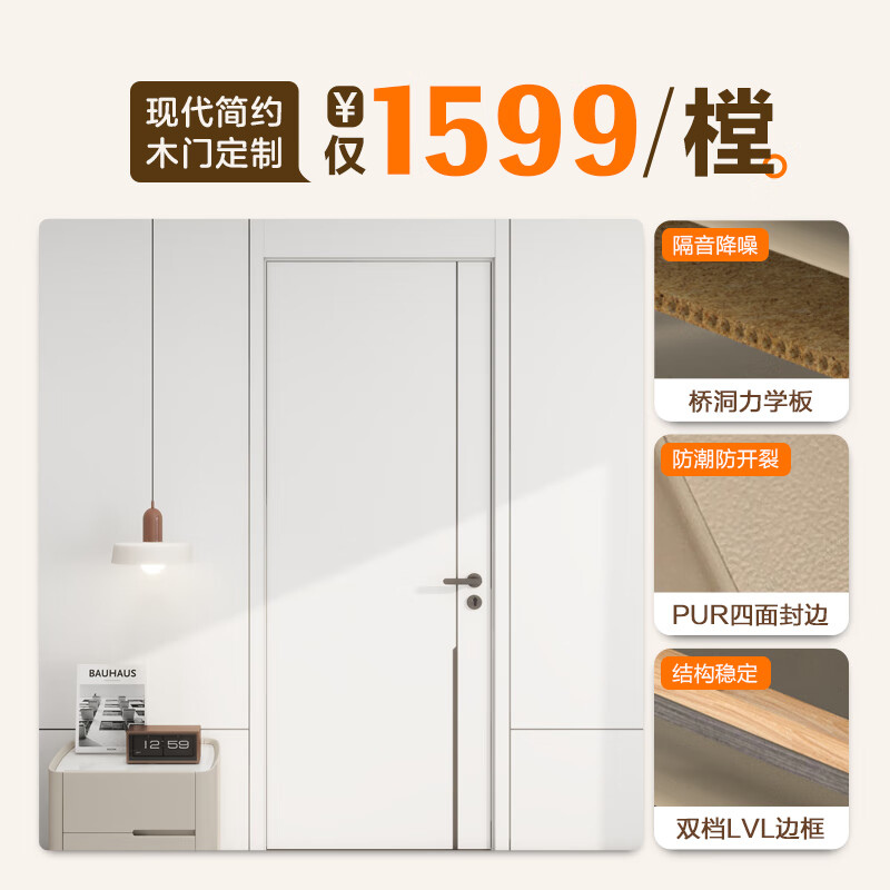 Quanyou Whole House Customized Wooden Door Bedroom Door Simple Paint-Free Flat Door Multi-Layer Solid Wood Indoor Set Thickened Door Cover 1599/昘 (Contact customer service for specific plans)