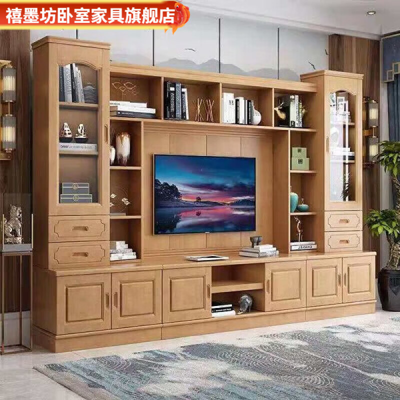 Ximofang Chinese solid wood TV cabinet combination background wall cabinet living room multi-functional video cabinet high cabinet floor storage cabinet wine cabinet 2.8 meters walnut color including door-to-door installation