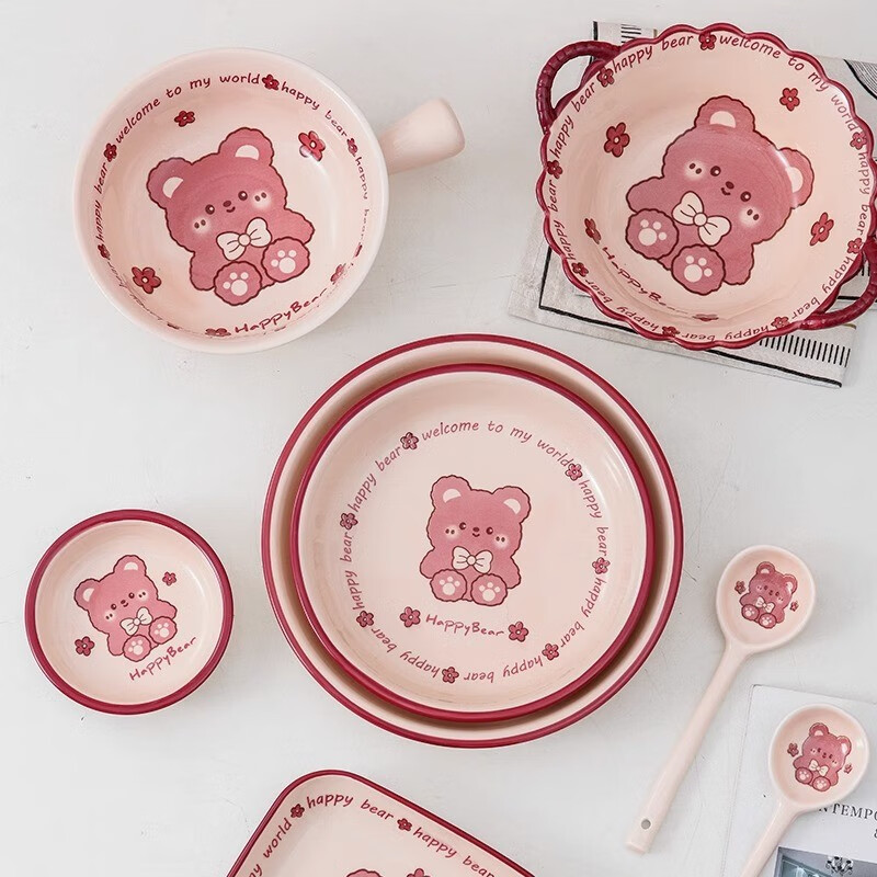 Persson cartoon high-looking bowl and plate set household ceramic dishes and tableware cute one person rice bowl plate couple bowls and chopsticks 2 people food 8 pieces