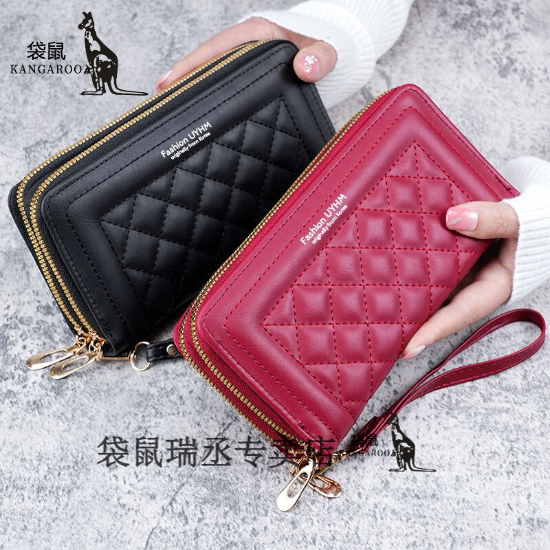 Kangaroo Wallet Women's 2023 New Long Style Women's Hand-held Korean Style Casual Mobile Phone Bag Double Zipper Wallet Large Capacity Card Holder Black