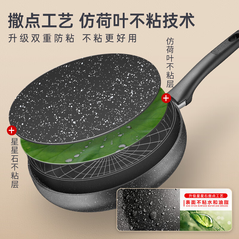 SUPOR pan, non-stick pan, steak frying pan, medical stone color wok, omelette pan, pancake pan, induction cooker, gas universal, recommended 28CM deep, with lid + wooden spatula