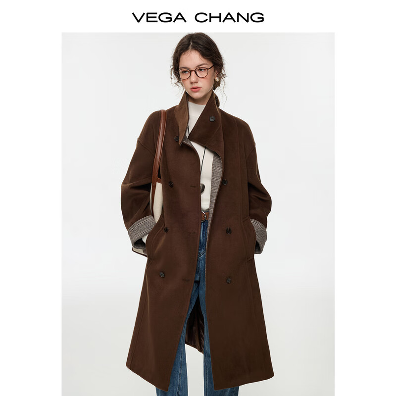 VEGA CHANG Black Brown Style Long Woolen Jacket Women's 2025 New Winter Contrast Color Retro Jacket Dark Night Black M