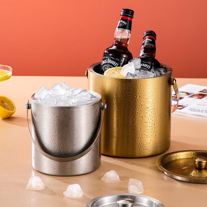 Yunxu 304 stainless steel ice bucket champagne bucket bar ktv ice bucket home ice storage bucket double-layer ice bucket thickened with lid silver 2.0L
