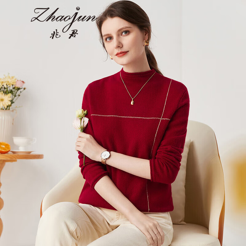 Zhaojun Autumn and Winter Versatile Half Turtleneck Cashmere Sweater Women's Zodiac Year Red Knitted Bottoming Sweater Pomegranate Red L