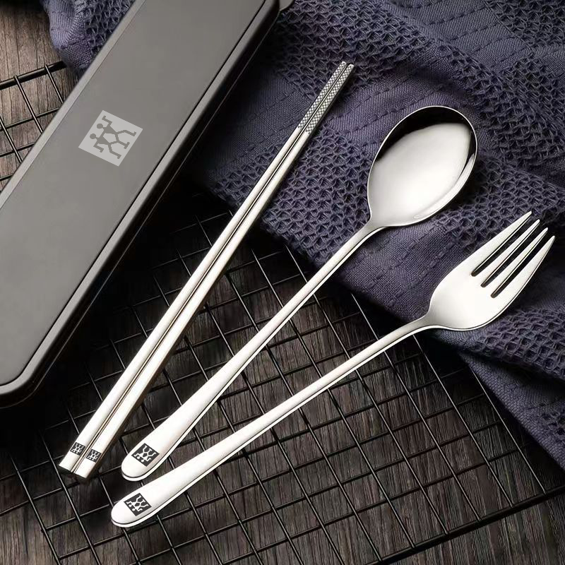 Zwilling Germany imported quality portable tableware three-piece set stainless steel set storage box student chopsticks spoon fork 304 chopsticks spoon fork black box 3-piece set