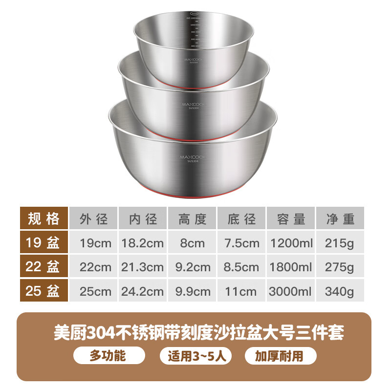 MAXCOOK 304 stainless steel salad basin, thickened seasoning basin, three-piece vegetable basin set with scale MCWA4591