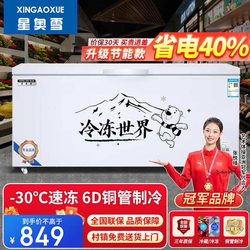 Xingao Snow Freezer Commercial Household Horizontal Freezer Large Capacity Refrigerated Freezer Display Cabinet Dual Temperature Commercial Large Capacity Freezer Commercial Large Freezer 728 Single Temperature Copper Tube Upgrade (1.45 meters long)