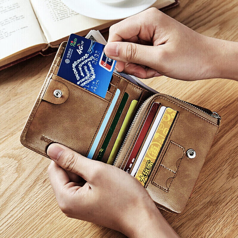 Poston men's wallet short top-layer cowhide student folding multi-card slot card holder Korean style hand wallet for men