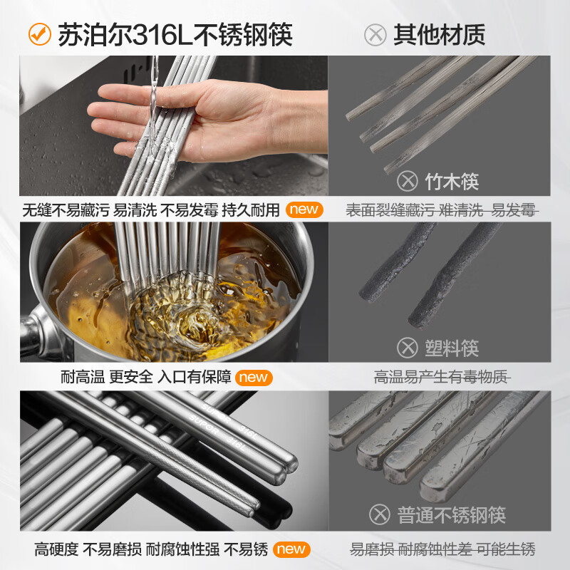 SUPOR 316L stainless steel chopsticks household high-end non-slip high temperature resistant metal chopsticks set portable tableware 316L stainless steel chopsticks 5 pairs