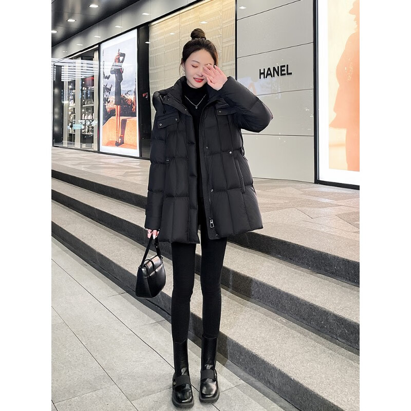 Snow Flying (SNOWFLYING) women's down jacket winter 2025 new style this year's popular mid-length 90 white duck down waist slimming jacket Extreme cold down jacket for women 2025 latest black S Jiaxing Pinghu down jacket for women (90) 85-120 catties
