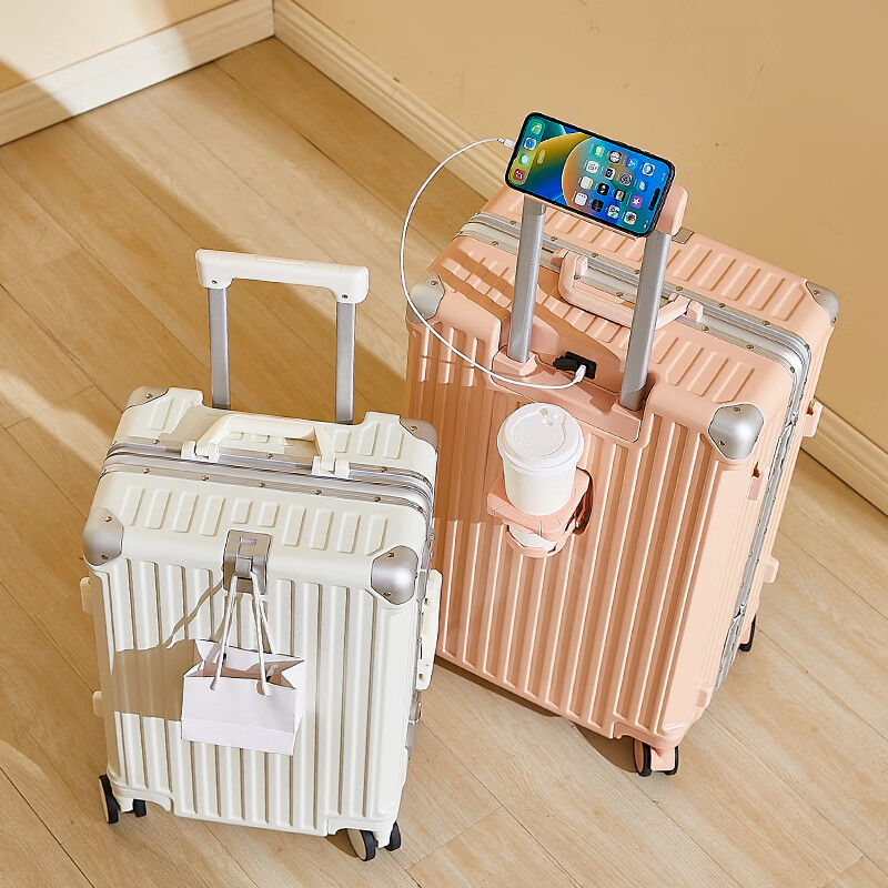 Zuoting Pro version multifunctional suitcase aluminum frame trolley case, strong and pressure-resistant large-capacity suitcase, student password box, smoked white, central aluminum frame + aluminum alloy corner 20 inches, can be boarded, suitable for short-distance business trips