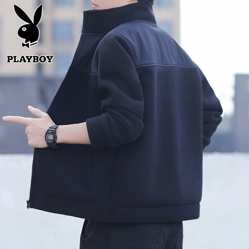 Playboy (PLAYBOY) jacket men's autumn and winter casual versatile velvet thickened windproof stand-collar jacket for young and middle-aged people Green L