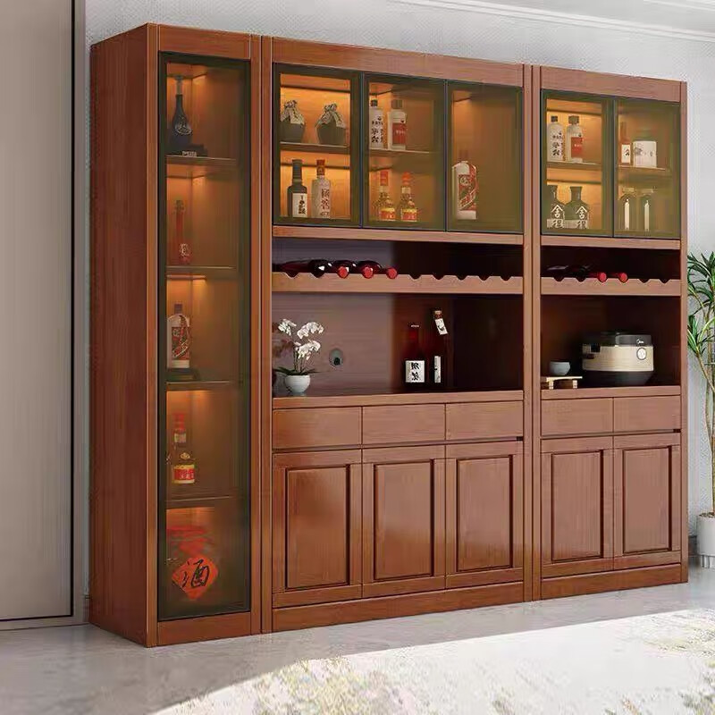 Wu solid wood wine cabinet and sideboard integrated living room wall-mounted multi-functional storage display cabinet with glass door kitchen storage cabinet three doors walnut color with side cabinet 1.65 meters