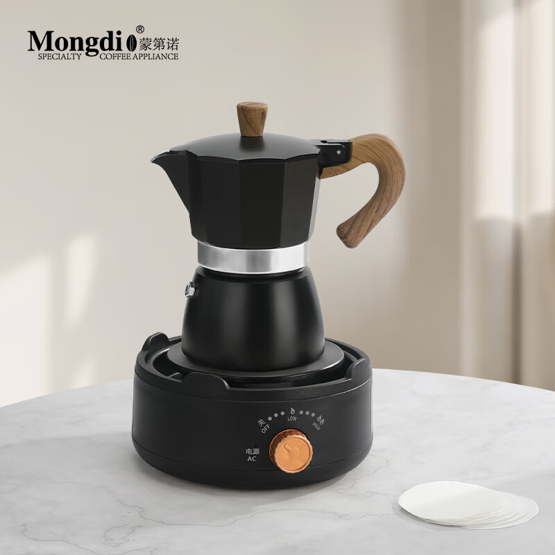 Mongdio Moka Pot Double Valve Coffee Pot Set Home Espresso Equipment Set Single Valve Black + Black Electric Stove + Filter Paper 150ml