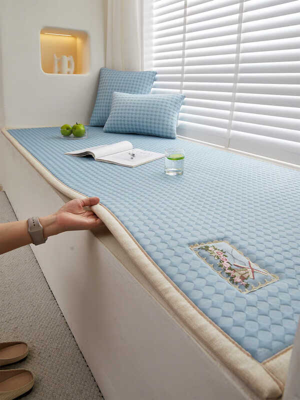 Nanbomaru 2025 new summer cool bean bay window mat anti-skating silk thickened window sill sponge cushion balcony mat tatami houndstooth-pink 90*240cm