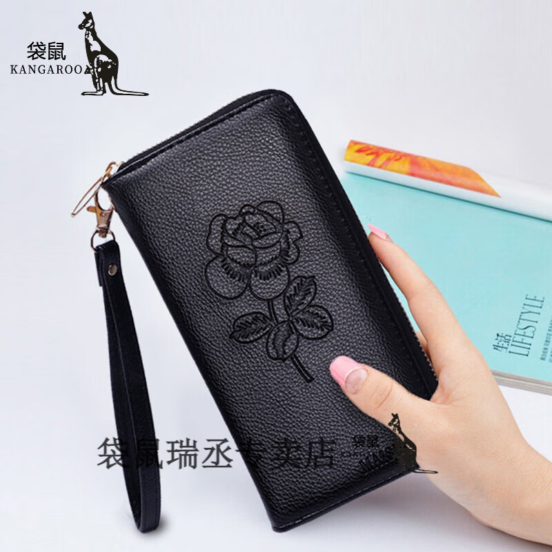 Kangaroo Korean version 2024 new hand wallet women's long zipper multi-functional versatile wallet large capacity mobile phone wallet A003%23 black