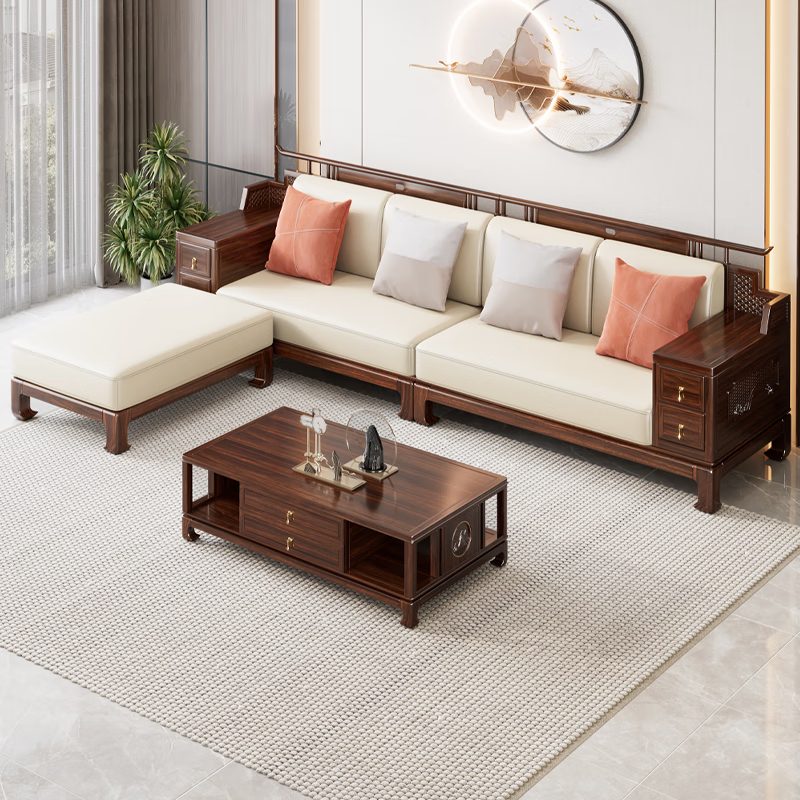 Xinshiya New Chinese Sofa Black Gold Wooden Sofa Living Room Corner Sofa Removable and Washable Fabric Sofa Set Combination Coffee Table 1.4m--Special Price