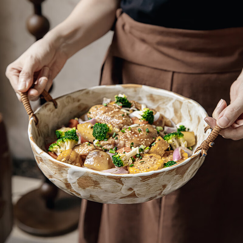 Youcci Nostalgic Handmade Stoneware Characteristic Hemp Rope Double-Eared Bowl, Retro Ceramic Bowl, New Home Bowl, Good-looking Fruit Bowl, Machi-10 Inch Hemp Rope Stoneware Double-Eared Bowl