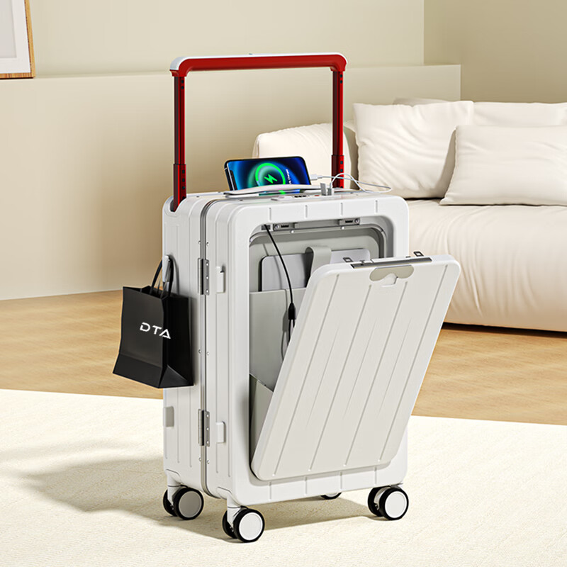 DTA front opening wide trolley suitcase women's universal wheel travel trolley suitcase leather suitcase men's pearl white aluminum frame 20 inches