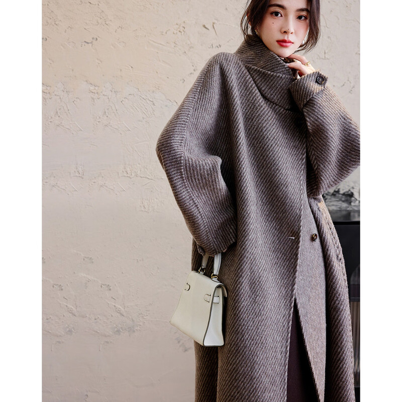 Demana Kochi Lady Winter Sheep Wool Diagonal Striped Double-sided Woolen Coat Stand Collar Long Women's Woolen Jacket
