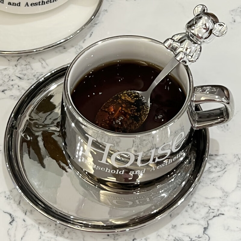 QCSK German light luxury women's coffee cup set high-end exquisite European afternoon tea cup high-end ceramic mug House coffee cup with bear spoon (silver)