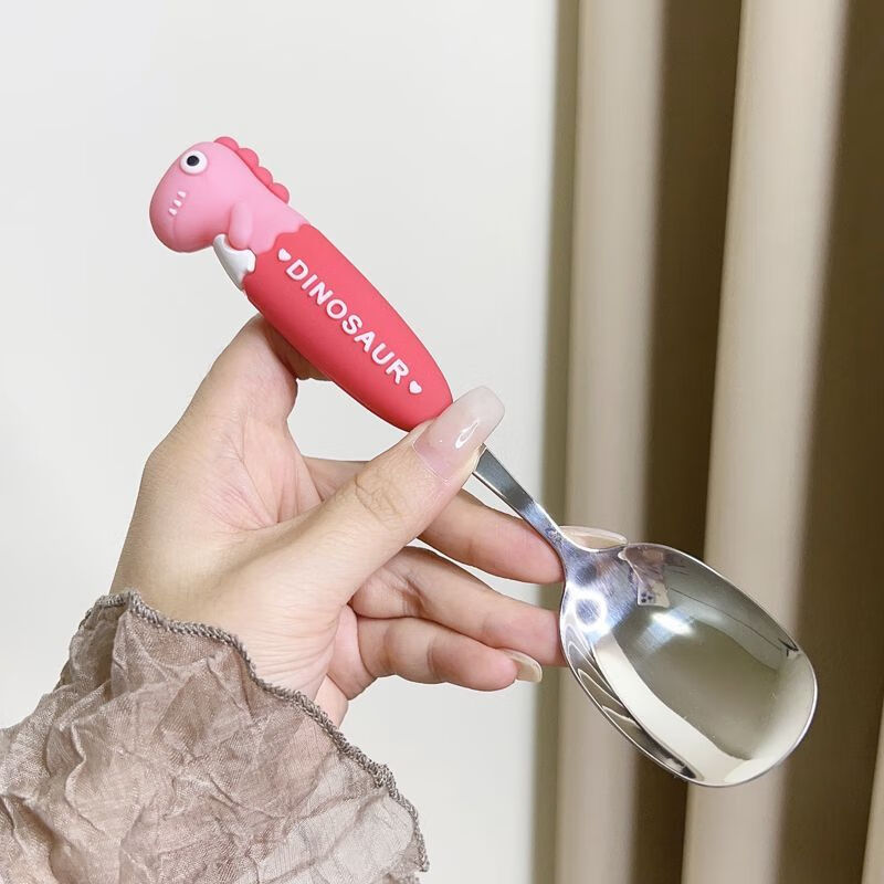 Mingyu Cartoon 304 Stainless Steel Anti-scalding Handle Dinosaur Dinosaur Children's Tableware Home Student Portable Set Green Cartoon Dinosaur Dinner Fork