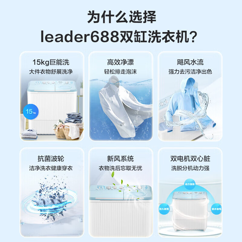 Haier semi-automatic washing machine, large capacity, household double-cylinder washing machine, double-tubs, double-motor, strong power, elution separation, rat-proof base, leakage protection, simple operation, new product, double-cylinder, 15kg, spray rinse + antibacterial pulsator