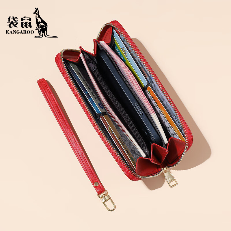 Kangaroo Wallet Women's Long Cowhide Zipper Clutch 2026 New Women's Genuine Leather Simple Korean Style Women's Clutch Red