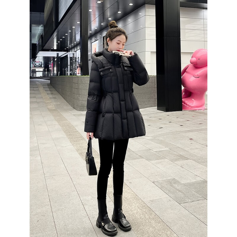 Snow Flying (SNOWFLYING) women's down jacket winter 2025 new style this year's popular mid-length 90 white duck down waist slimming jacket Extreme cold down jacket for women 2025 latest black S Jiaxing Pinghu down jacket for women (90) 85-120 catties