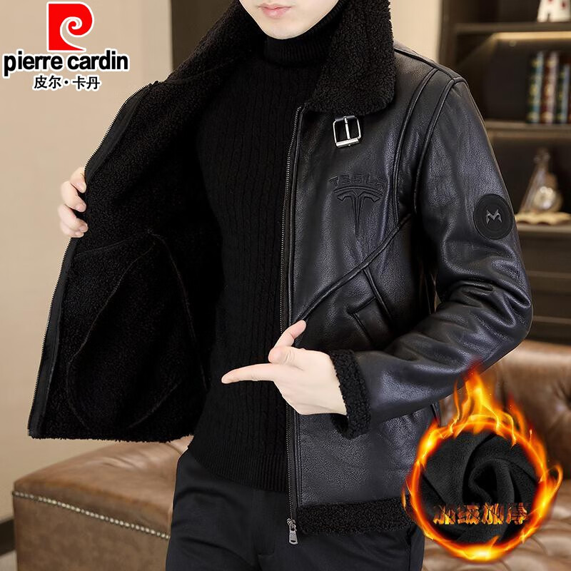 Pierre Cardin winter fleece jacket men's fur collar jacket men's short windbreaker thickened warm fur all-in-one leather jacket winter black M
