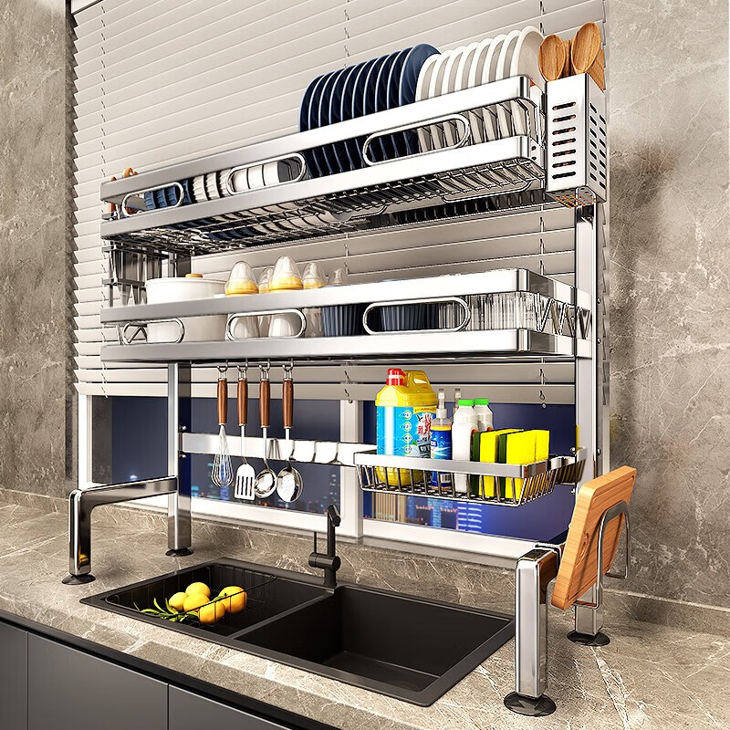 Mrs. Kitchen Sink Storage Rack 304 Stainless Steel Drain Rack Dishes Utensils Dish Rack Basket Pool Storage Rack Complete Collection *Free Storage Set Double Layer 85cm