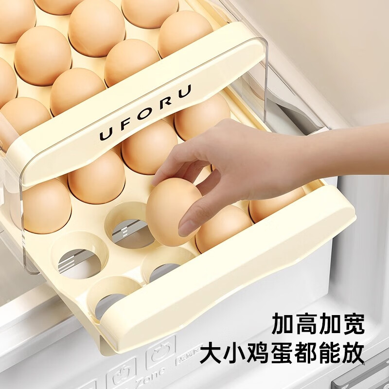 Master Housewife Egg Storage Box Refrigerator Special Egg Tray Drawer-Type Egg Rack Home Egg Box Rack Food Storage Box 1 Pack Upgraded Cream White-32 Grids Double-layer Drawer Storage