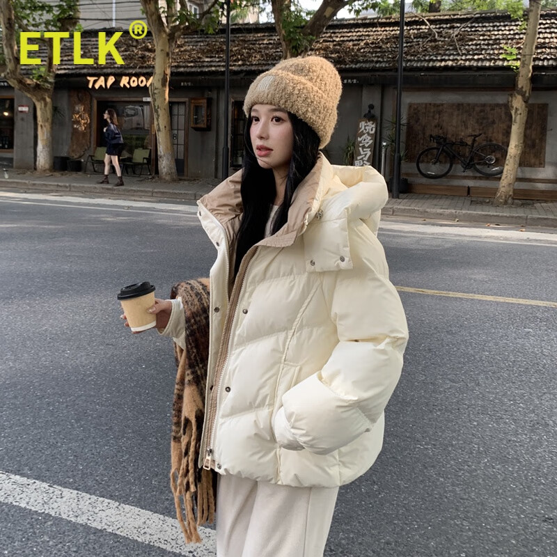 ETLK new winter style simple and fashionable color matching thickened down jacket women's short loose style white duck down jacket Maillard white new national standard 90 down S 90-120 catties (small people must take the card number smaller)