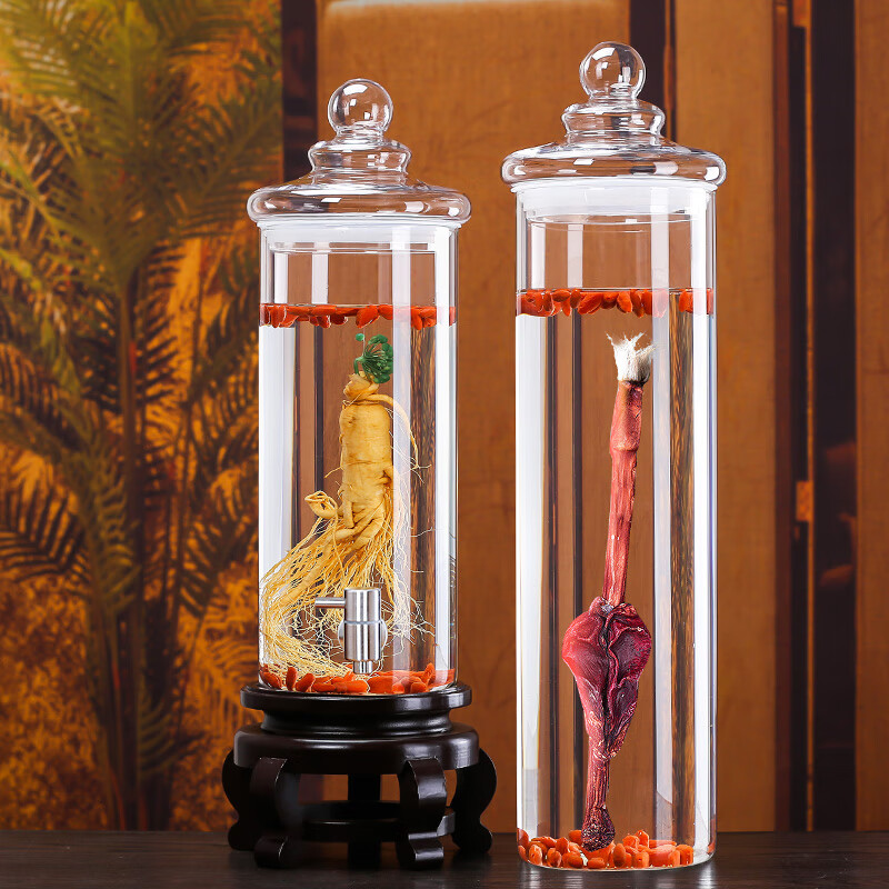 Shandetang high borosilicate glass wine container thickened wine bottle with faucet medicinal material ginseng wine jar sealed medicinal wine jar 10 catties + faucet + base (diameter 15cm)