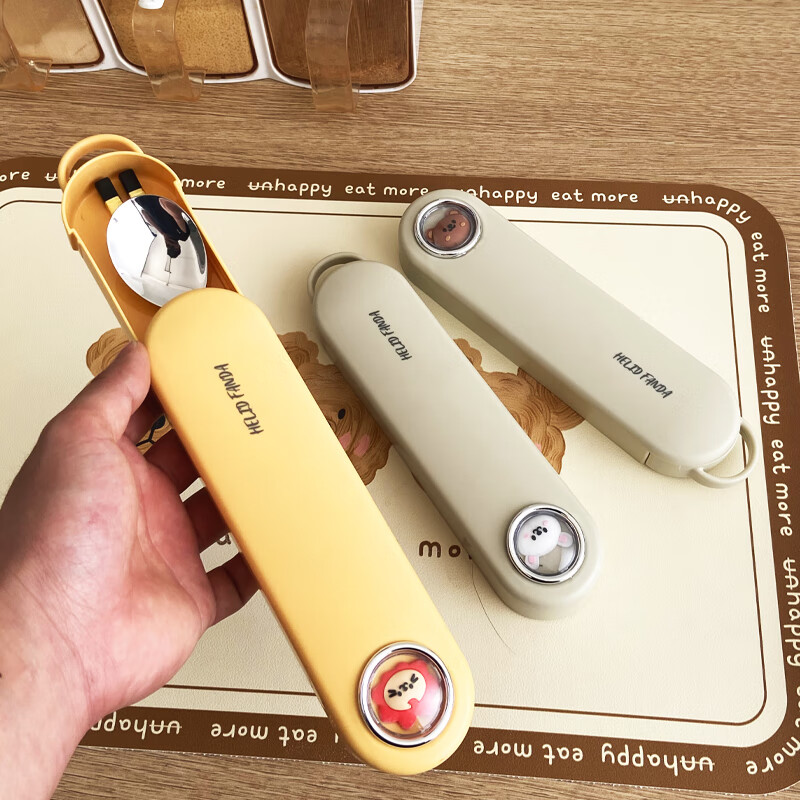 WORTHBUY 316 Stainless Steel Chopsticks and Spoons Cute Portable Tableware Three-piece Set Single Student Takeaway Storage Cutlery Box Hehe Xiong Mi White + 304 Chopsticks and Spoons 3-piece Set