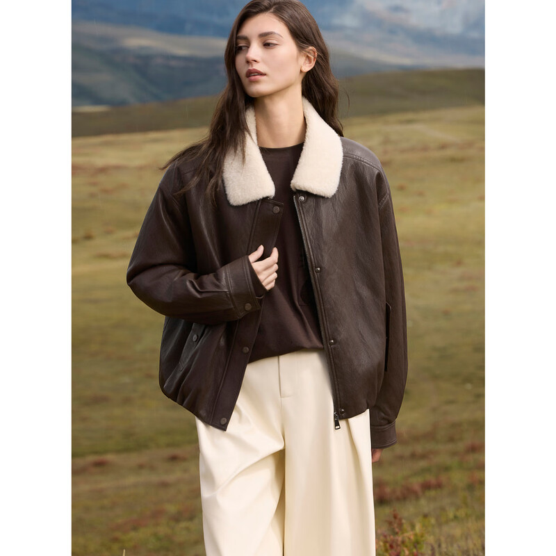 ELLE design plush lapel leather short jacket for women 2025 winter new high-end silhouette jacket top dark brown pre-sale M